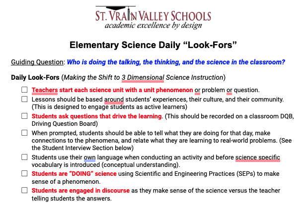 Screenshot of Elementary Science Look-Fors