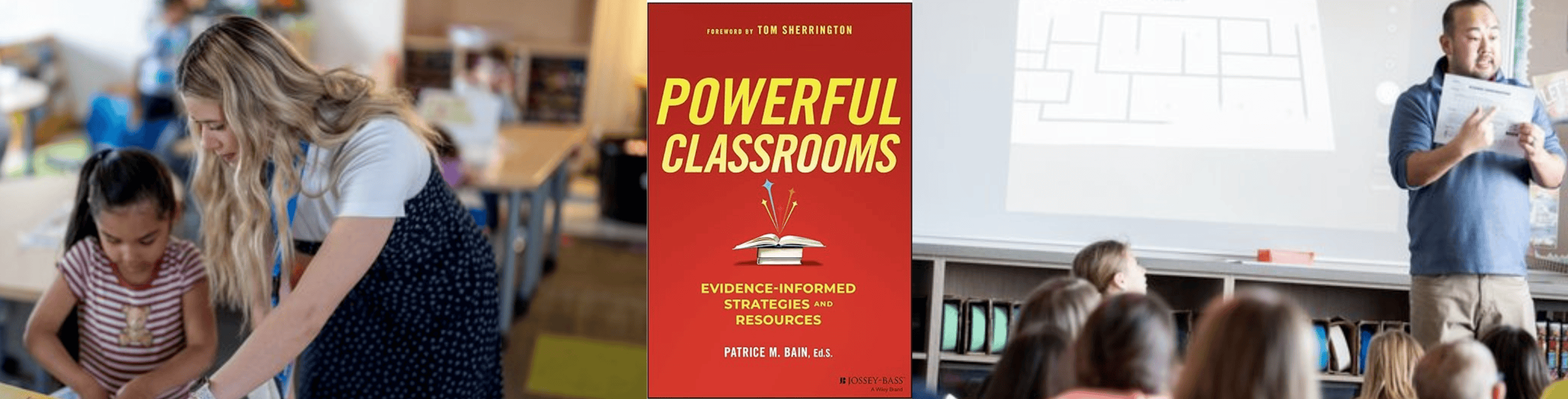 Two images of students working with and listening to a teacher. Center of the image is the cover of the book, Powerful Classrooms by Patrice Bain