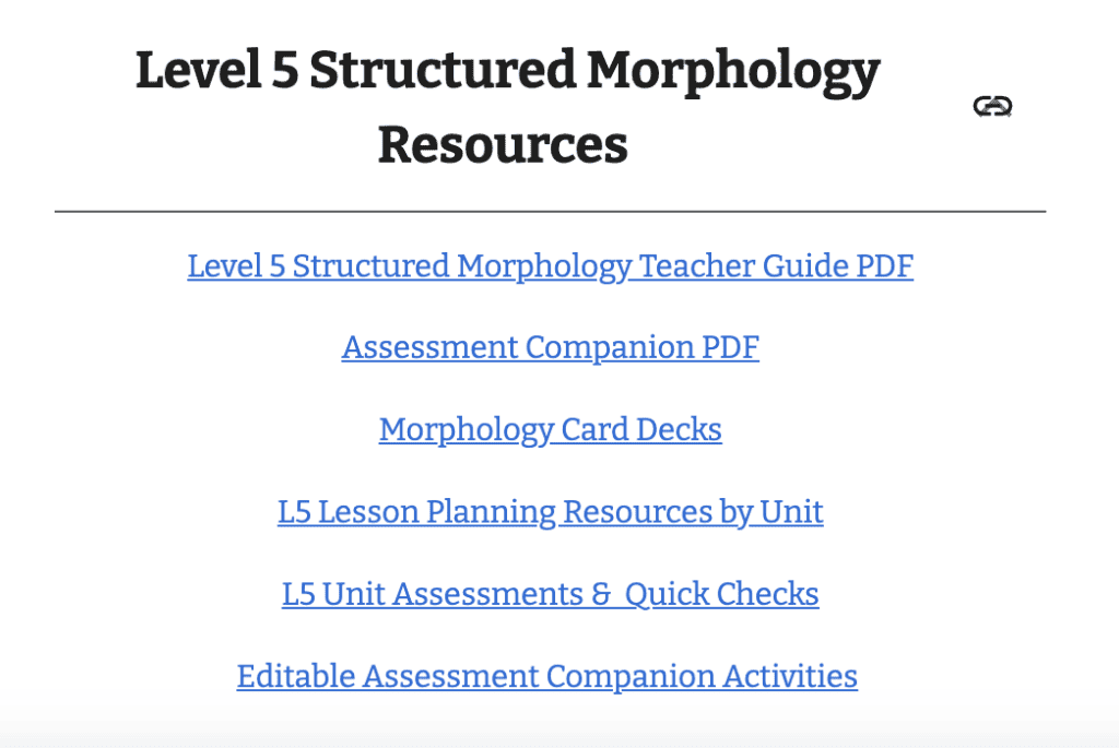 Image of Level 5 Morphology Unit Plans dropdown