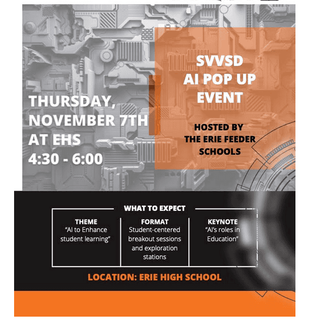 Flyer for the November 7th AI Pop-Up at Erie High School from 4:30pm - 6:00pm