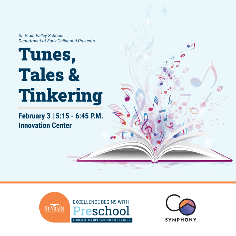 Event poster for "Tunes, Tales & Tinkering" on February 3, from 5:15 to 6:45 PM at the Innovation Center.