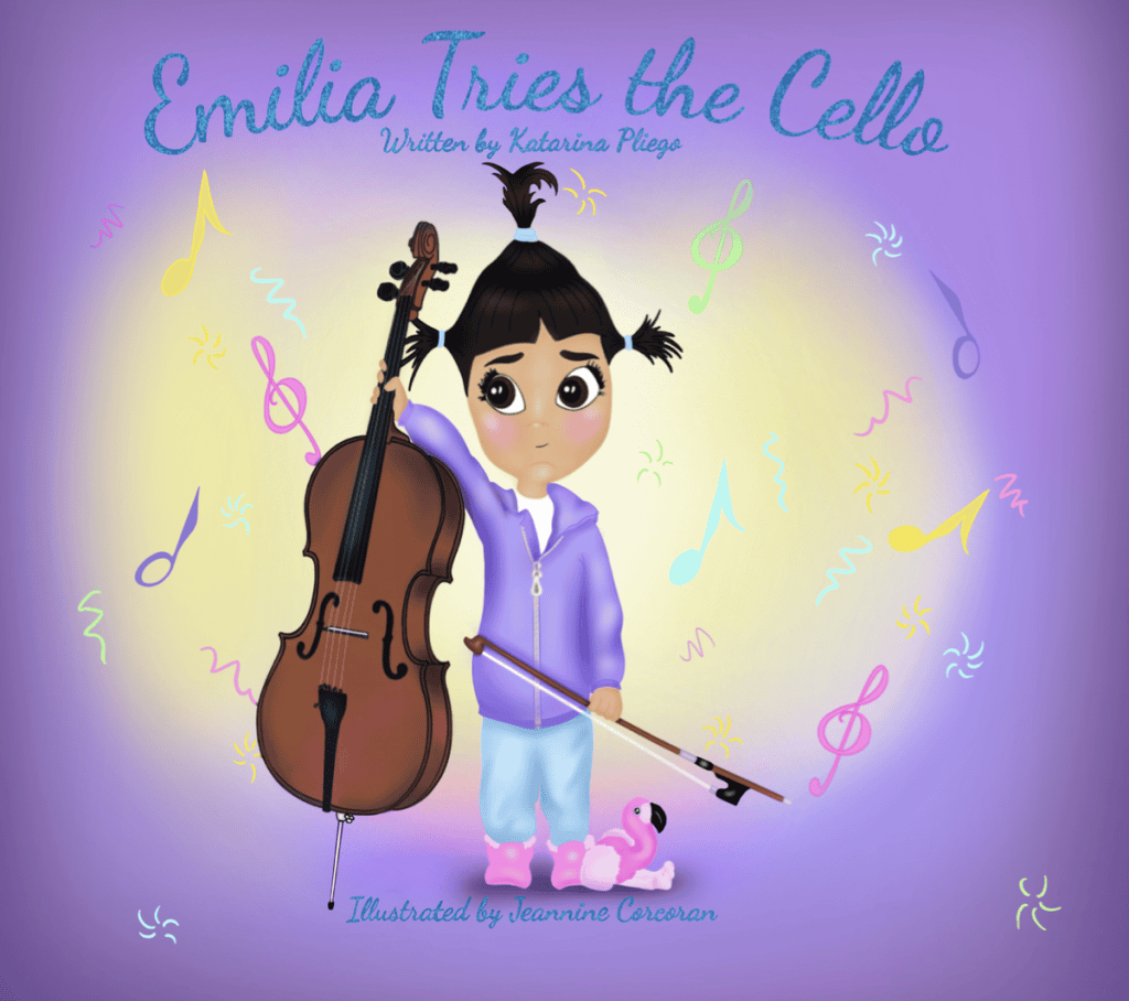 A young girl holds a cello and bow, surrounded by colorful musical notes on a purple background.