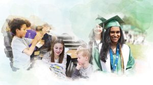 A collage featuring a boy working on a project, students engaged in discussion, and a smiling graduate in cap and gown.