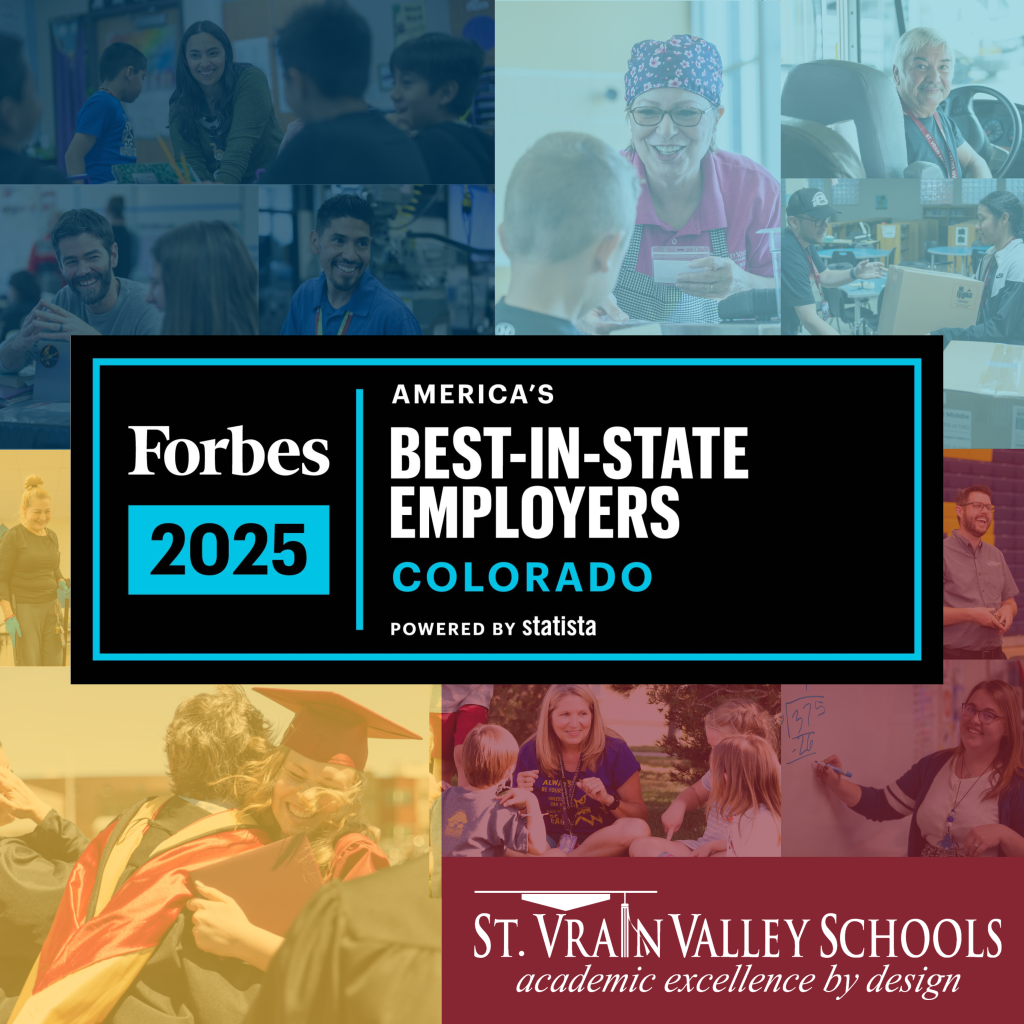 Collage of diverse individuals in educational and work settings, highlighting St. Vrain Valley Schools as a top employer in Colorado.