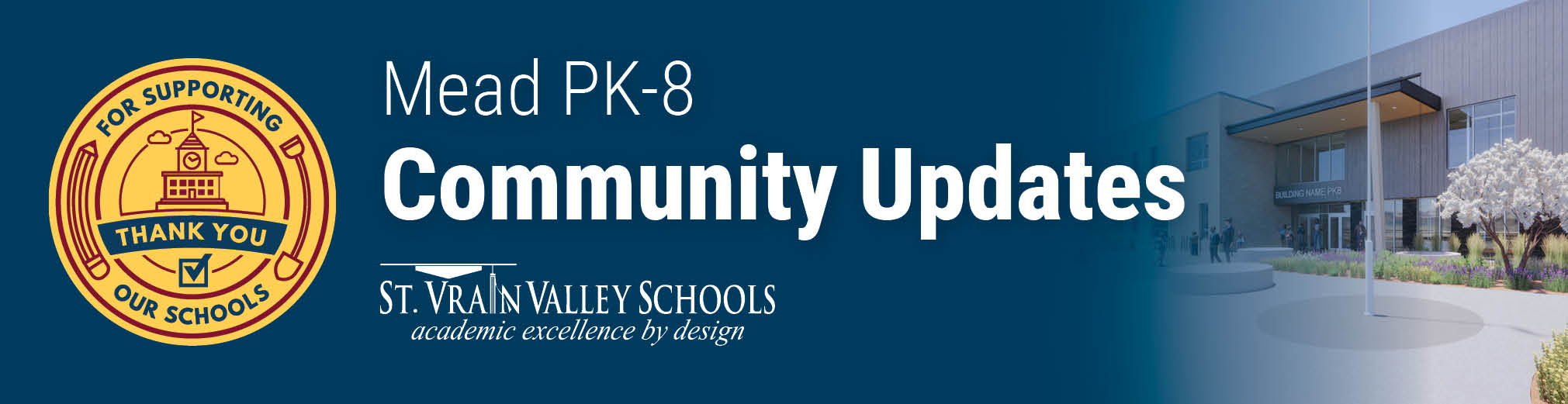 Logo and text promoting community updates for Mead PK-8 and St. Vrain Valley Schools, featuring a school building.