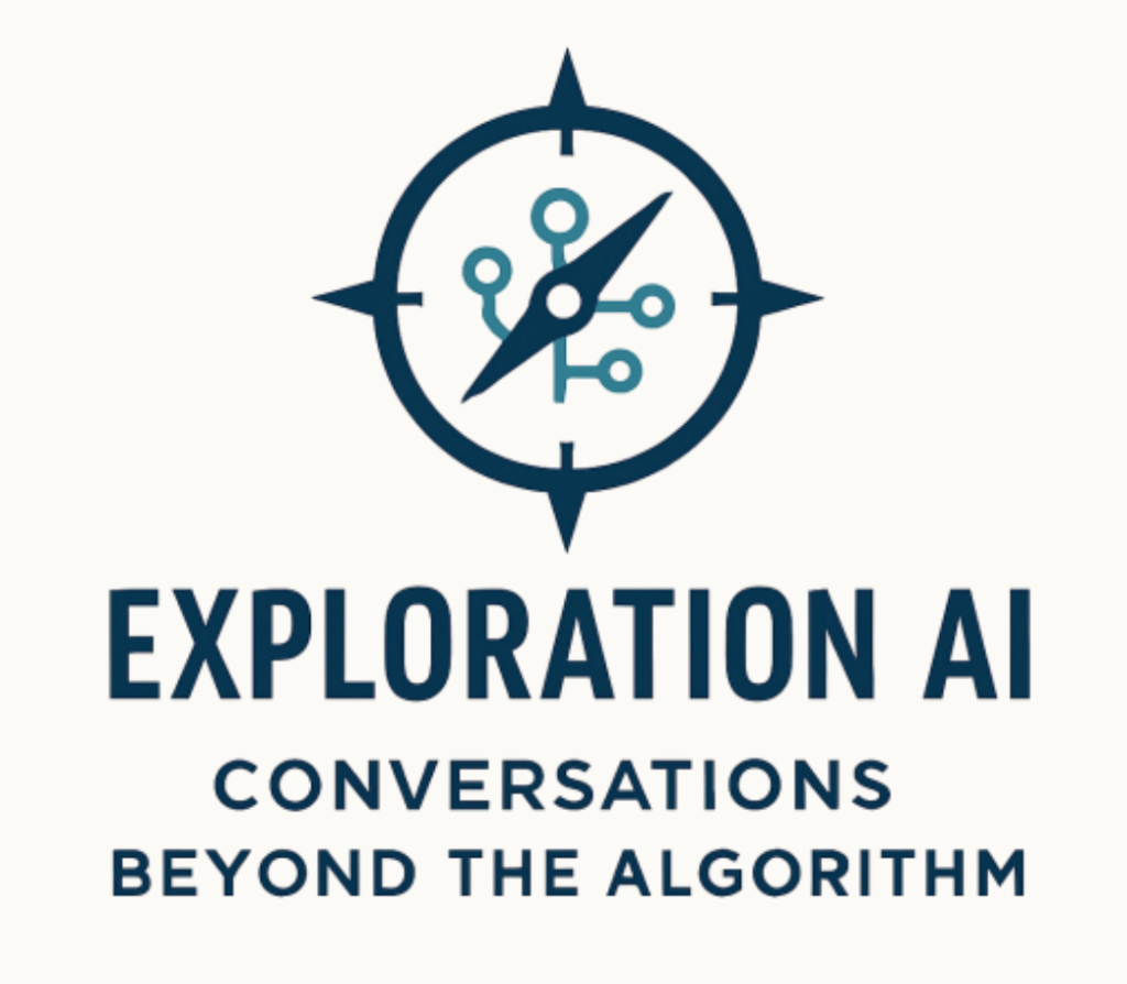 Logotipo de Exploration AI con un diseño de brújula y motivos de circuitos, y el eslogan «Conversaciones más allá de los algoritmos».