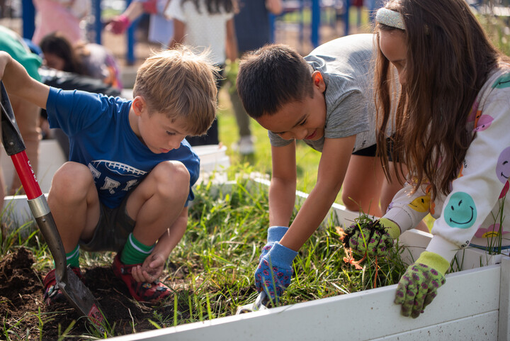 Niños que cultivan juntos un huerto, cavando y plantando en un bancal elevado, disfrutando del aprendizaje al aire libre y del trabajo en equipo.