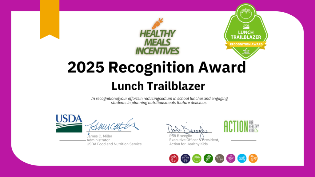 Certificado de reconocimiento al «Pionero del Almuerzo 2025», en reconocimiento a su labor en la promoción de almuerzos escolares saludables.