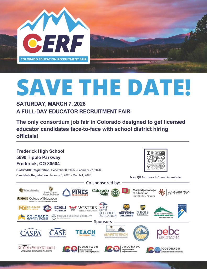Imagen promocional de la Feria de Contratación Educativa de Colorado, que se celebrará el 7 de marzo de 2026, con los detalles del evento y la información para inscribirse.