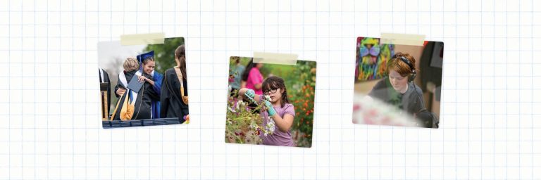 Tres fotos: un abrazo de graduación, un niño trabajando en el jardín y un niño concentrado en el arte con los auriculares puestos.