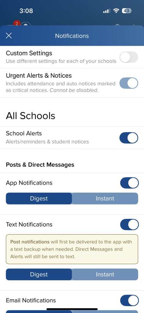 Menú de configuración de notificaciones, que incluye opciones para alertas, notificaciones de aplicaciones, mensajes de texto y correo electrónico.