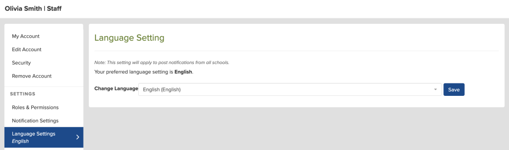 Página de configuración de idioma que muestra opciones para la gestión de la cuenta, con el inglés seleccionado como idioma preferido.