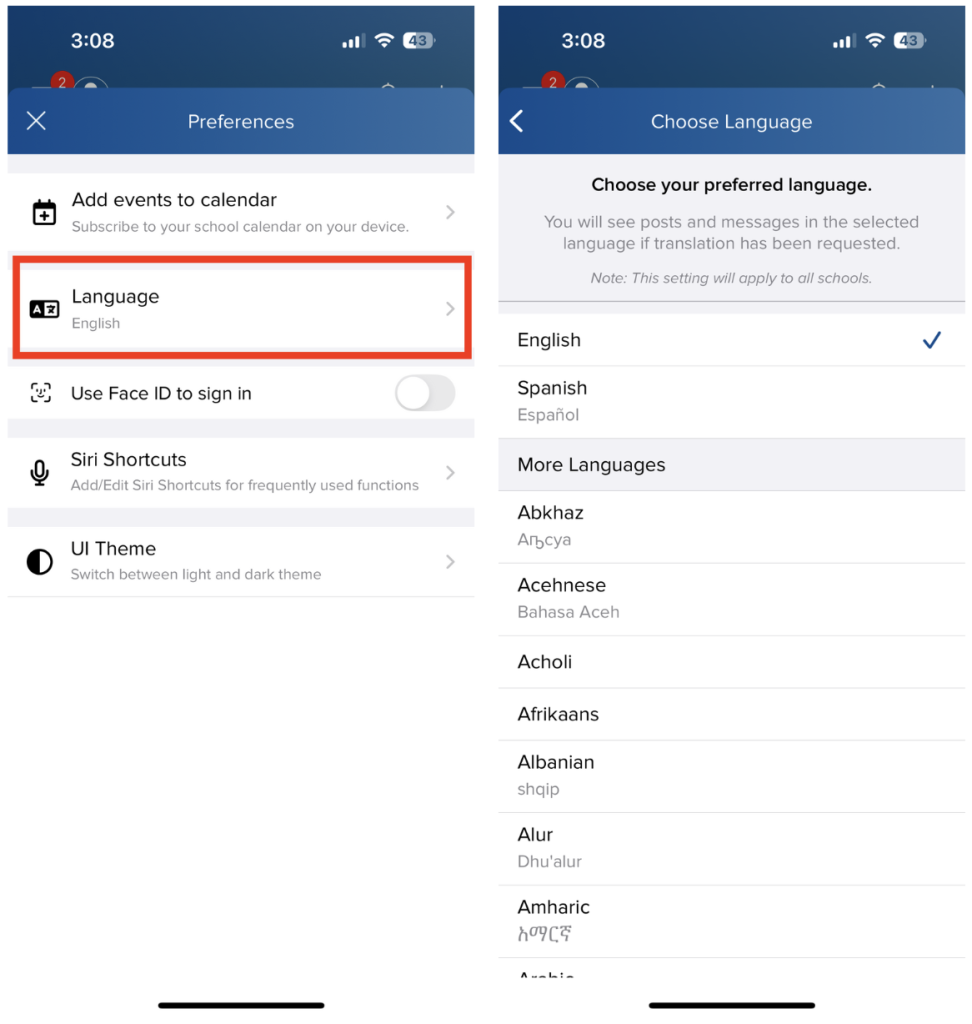 Capturas de pantalla de la configuración de la aplicación en las que se muestran las preferencias de idioma, incluidas opciones para inglés, español y otros idiomas.