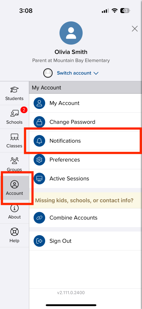 Interfaz de una aplicación móvil que muestra las opciones de la cuenta para un padre, incluidas las notificaciones y la configuración de la cuenta.
