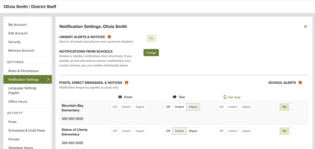 Página de configuración de notificaciones de Olivia Smith, con opciones para gestionar las alertas y los mensajes de los colegios.