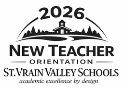 Logotipo de las Escuelas del Valle de St. Vrain con el lema «Orientación para nuevos profesores 2026» y un diseño que representa una escuela y unos árboles.