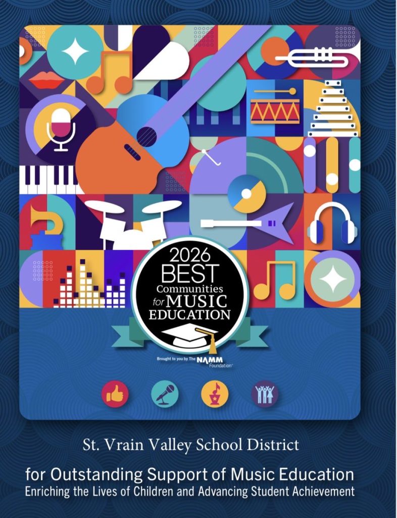 Imagen a todo color que celebra que el Distrito Escolar de St. Vrain Valley ha sido nombrado «Mejor comunidad para la educación musical» en 2026.