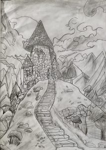 A pencil sketch of a stone castle on a hill, with a winding path, mountains, and swirling clouds in the background.