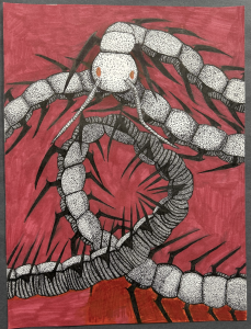 A stylized creature resembling a centipede with spiky features and a red background.