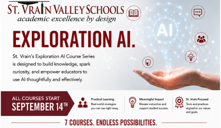Graphic promoting St. Vrain Valley Schools' AI course series starting September 14, emphasizing practical learning and meaningful impact.