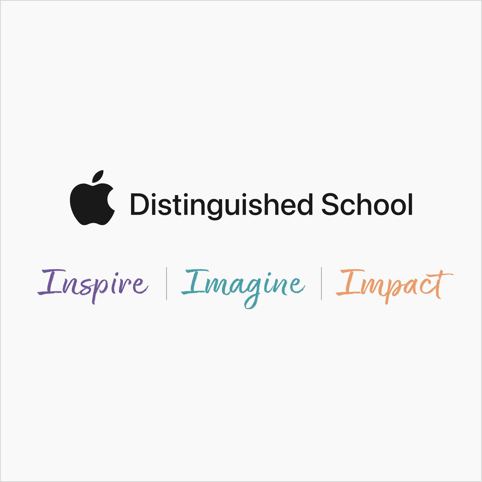 Logotipo de «Apple Distinguished School» con las palabras «Inspire», «Imagine» e «Impact» en letra de colores.