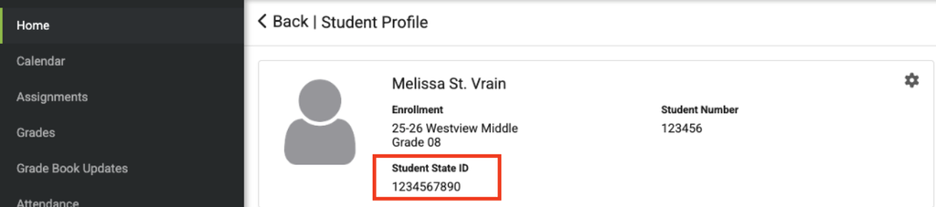 Student profile page showing enrollment details and Student State ID highlighted.