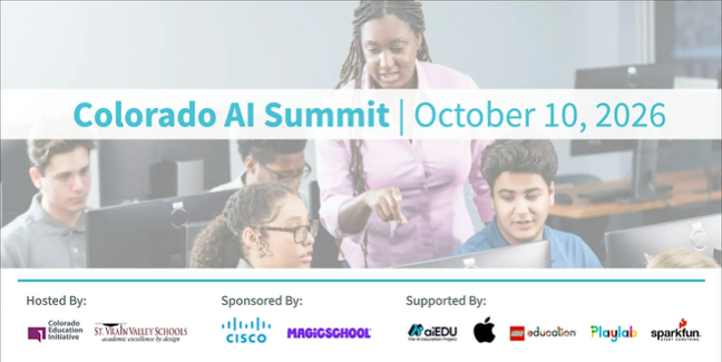 Un profesor que orienta a los alumnos en el uso de ordenadores durante la Cumbre de IA de Colorado, el 10 de octubre de 2026. Organizada y patrocinada por diversas entidades.
